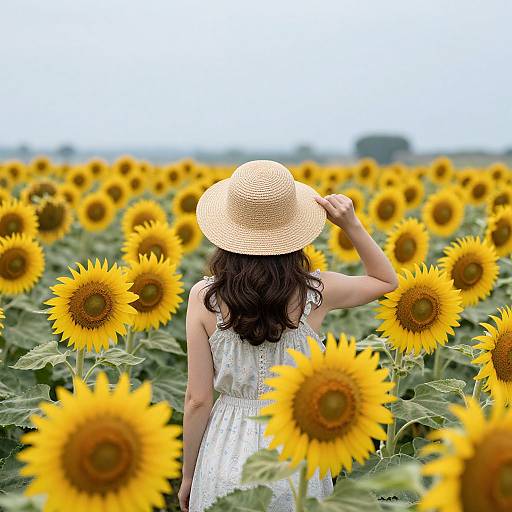 Photograph: Woman in white dress and straw hat stands in sunflower field, back to camera, hand adjusting hat, vibrant yellow sunflowers surrounding her