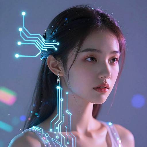 Digital artwork of an Asian woman with glowing blue circuitry hair, soft blue and purple background, looking to the side.