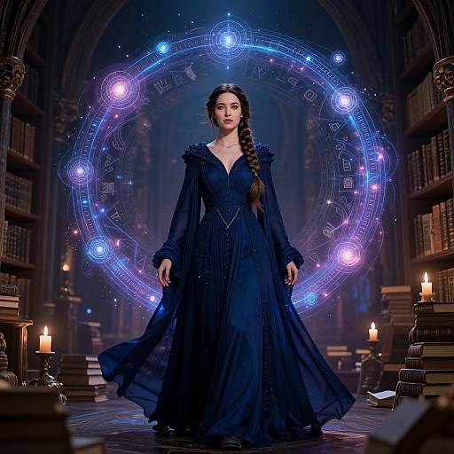 Magical library scene: A woman in a flowing, dark blue gown with a braid, stands centered before a glowing, circular, blue and purple