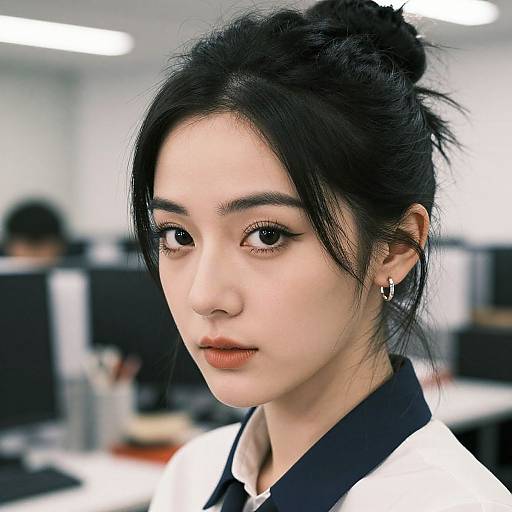 Photograph of an East Asian woman with fair skin, black hair in a messy bun, black eyeliner, and white blouse, in a blurred office