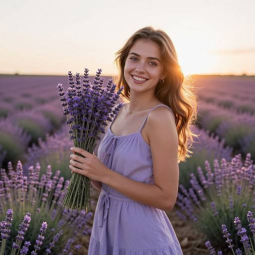 Photograph of a smiling young woman with long brown hair, wearing a light purple dress, holding a bouquet of lavender, standing in a sunlit lavender