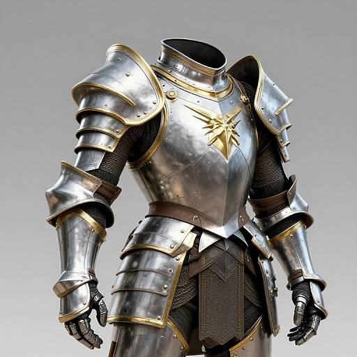 Photorealistic CGI of a headless, silver medieval knight armor with gold trim and a star emblem on the chest plate.