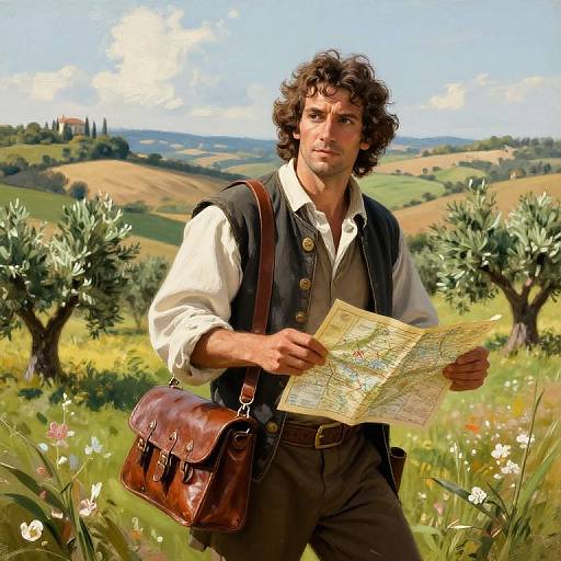 Photorealistic digital artwork of a curly-haired man with a brown leather satchel, white shirt, and brown vest, holding a map in a