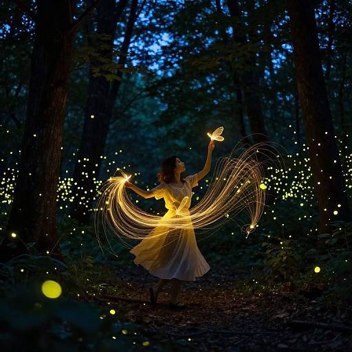 Photograph of a woman in a glowing, flowing dress, dancing in a dark forest, creating swirling light trails, surrounded by twinkling fireflies against
