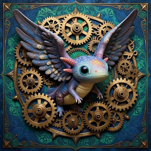 Digital artwork of a blue and purple winged creature with a dragon-like head and small horns, soaring amidst golden gears on a teal, ornate background