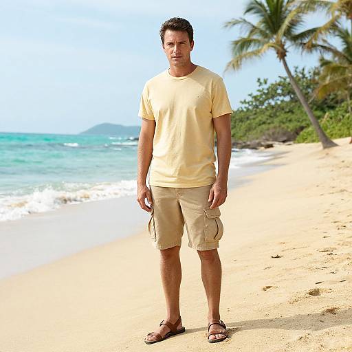 Photograph of a medium-build, tan-skinned man in a yellow t-shirt and beige shorts standing on a sunny, tropical beach with palm trees and