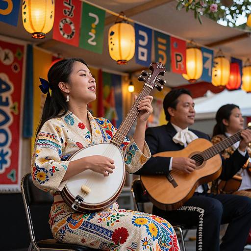 Photograph of an Asian woman in a colorful floral dress playing a banjo, seated with two men playing guitars, under warm lanterns and multicol