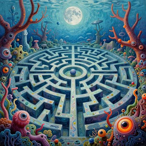 Vibrant underwater maze with intricate patterns, surrounded by colorful sea creatures, corals, and a glowing full moon above. Surreal, digital art