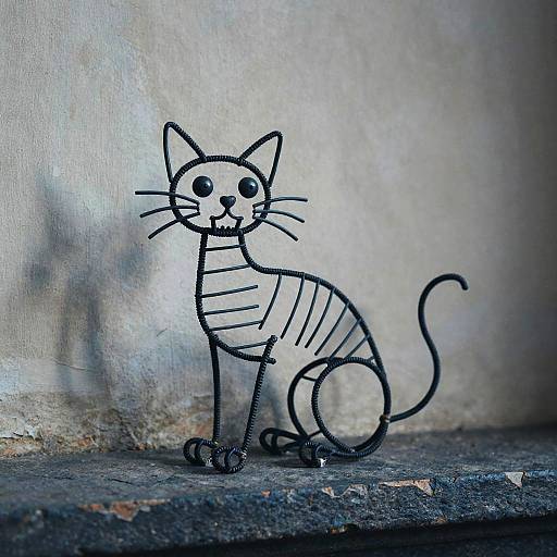 Wire Cat Sculpture on Stone Ledge