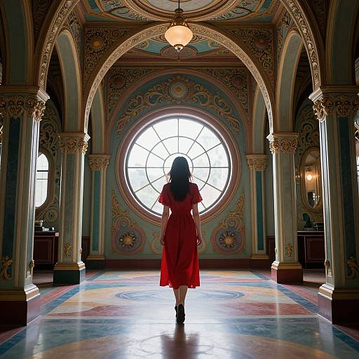 Photograph of a woman in a red dress, standing with her back to a large, circular window in an ornately decorated, opulent hallway.