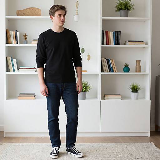 Young man in black sweater, dark jeans, and white sneakers stands in front of white bookshelf with various books and plants.