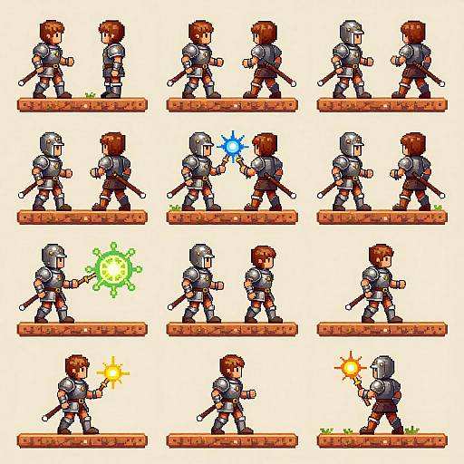 Pixel art grid of 16 warrior-knights in armor, each using different magical attacks (fire, ice, energy, etc.) on wooden platforms