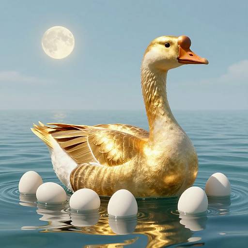 Photorealistic CGI of a golden goose with orange beak, floating on calm blue water, surrounded by six white eggs, under a bright sun in