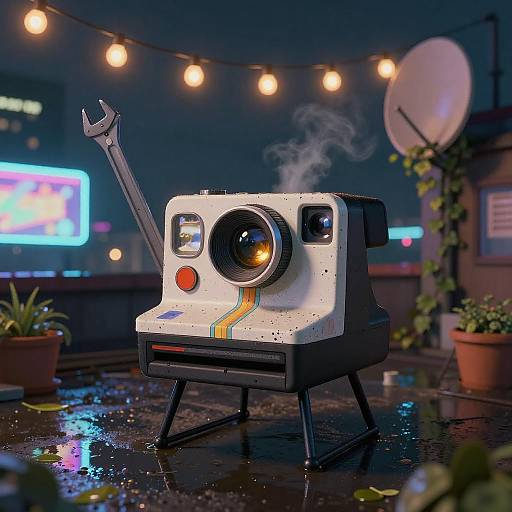 Retro Robot Camera with Wrench Arm on Rooftop at Night