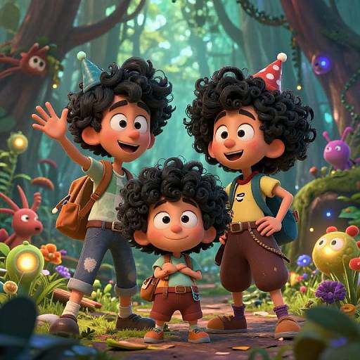 CGI image of three curly-haired, smiling children with colorful hats in a whimsical forest, surrounded by glowing mushrooms and flowers.