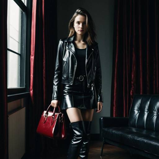 Woman in Black Leather Outfit with Red Handbag