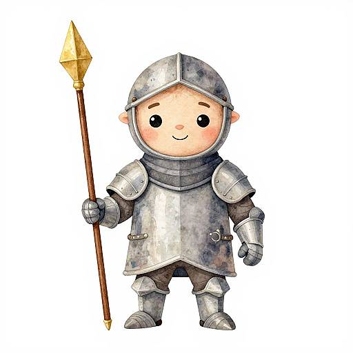 Charming digital drawing of a cute, smiling child knight in shiny silver armor, holding a golden-tipped spear, on a white background.