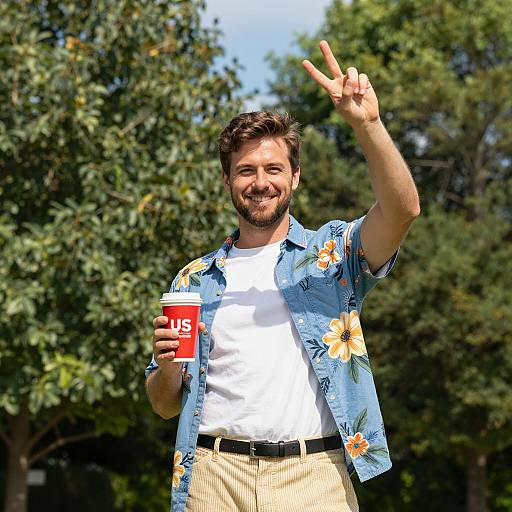 Cheerful Man in Floral Outfit Outdoors