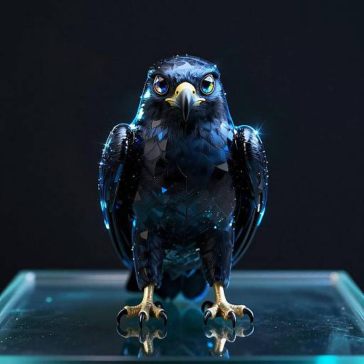 Photorealistic digital artwork of a glowing, black hawk with vibrant blue highlights, intense yellow eyes, and sharp talons, standing on a reflective glass