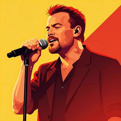 Digital art of a bearded man with short hair, wearing a black shirt, passionately singing into a microphone against a yellow and red geometric background.