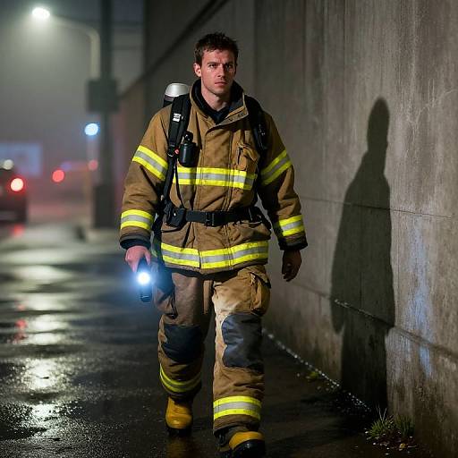 Photograph of a serious male firefighter in tan gear with yellow stripes, holding a flashlight, walking on a wet, dimly-lit alley at night