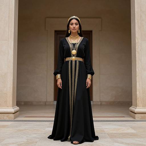 Photograph of a South Asian woman in a black, long-sleeve, gold-embroidered traditional dress, standing in a stone-columned