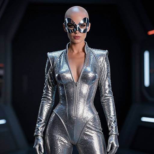 CGI image of a bald woman in a shiny, silver, zip-up jumpsuit and black mask, standing confidently on a dark, futuristic runway.
