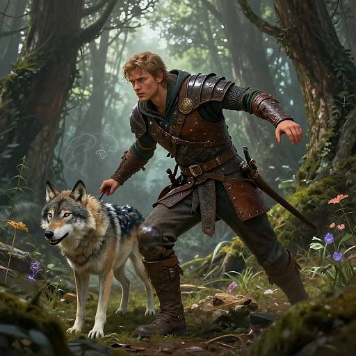 Digital fantasy art: muscular, armored man with blonde hair and sword, crouches beside a wolf in a dense, sunlit forest.