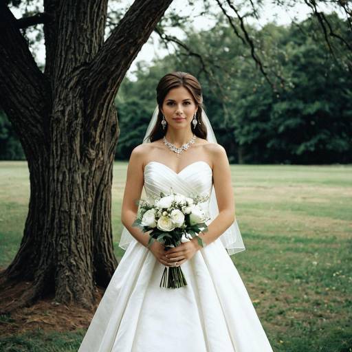 Bride in White Wedding Dress Holding Bouquet Outdoors