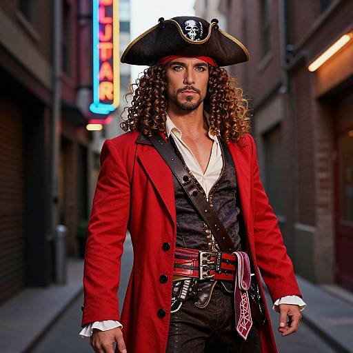 Photograph of a man with long curly brown hair, wearing a pirate-style red coat, black vest, white shirt, and tricorn hat, standing