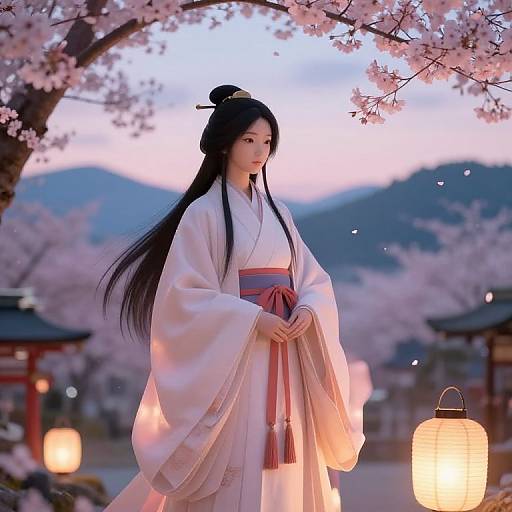 Photograph of a serene Japanese woman in a white kimono with pink obi, standing under cherry blossom trees at dusk, illuminated by lanterns.