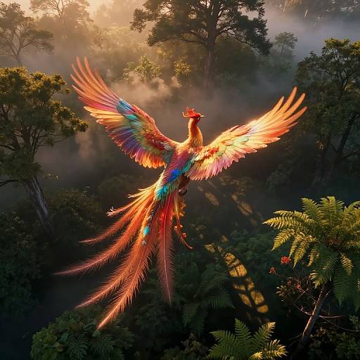 Photograph of a vibrant, rainbow-feathered phoenix with outstretched wings soaring through a misty, sunlit forest, surrounded by dense green