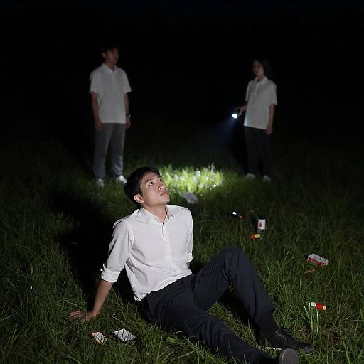 Suspenseful Night in Dark Grassy Field