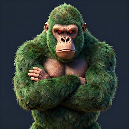 CGI image of a muscular, green-furred gorilla with red eyes, crossed arms, and serious expression against a dark blue background.