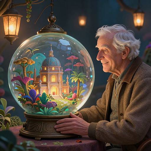 Photograph-style digital art: elderly white man with white hair, brown coat, smiling, holding a glowing glass orb with a miniature, colorful, fantasy