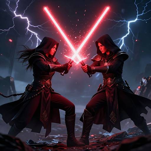 Dynamic digital artwork of two hooded warriors in black robes, clashing red lightsabers amidst a stormy, lightning-filled night battlefield.