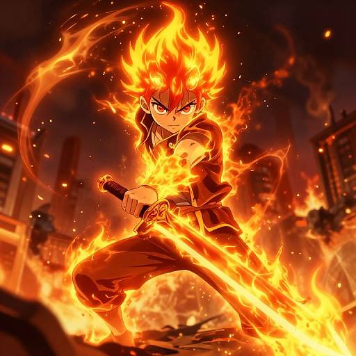 Digital anime artwork of a fierce, red-haired male warrior engulfed in fiery flames, wielding a sword, against a dark, burning cityscape.