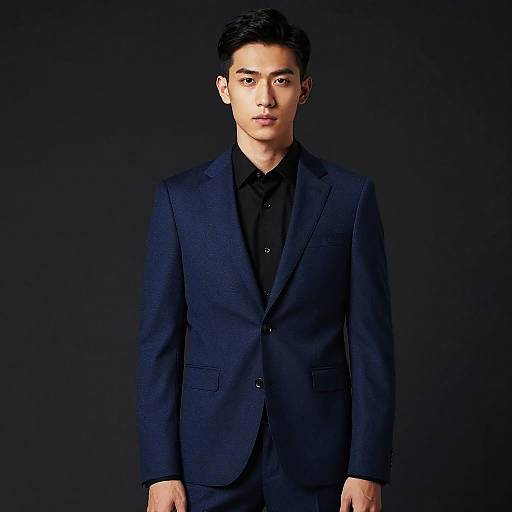 Young man in navy blue suit and black shirt