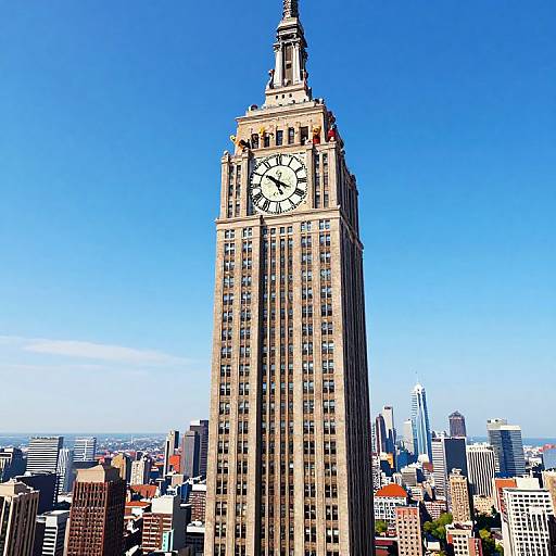 Photograph of the Empire State Building, a tall, beige skyscraper with a clock on top, against a clear blue sky and urban cityscape background