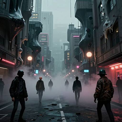 Cyberpunk city street at dusk, foggy and misty, neon lights, five silhouetted figures in dark clothing, towering futuristic buildings