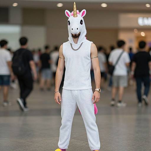 Photograph of a man in a white unicorn costume with pink ears and horn, standing in a crowded indoor space.