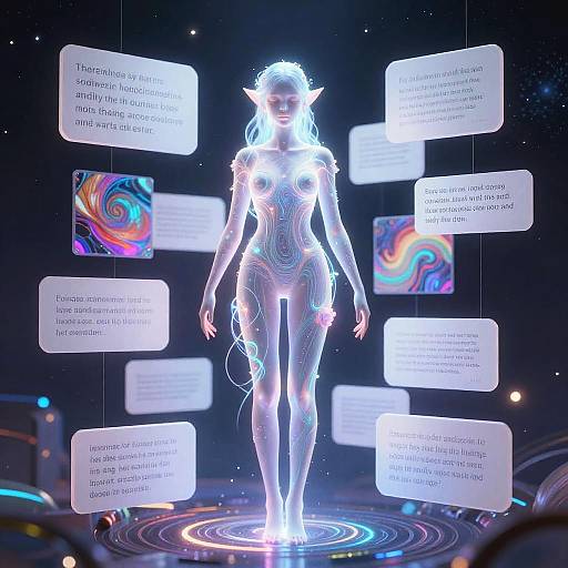 Digital artwork of a glowing, ethereal, nude female figure with pointed ears, neon blue and pink swirls, surrounded by floating text cards in a