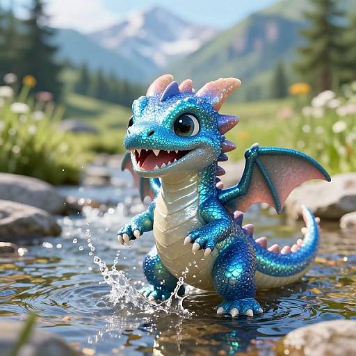 Cute, blue, cartoon dragon with pink spines and wings splashing in a sunny, mountain stream, surrounded by lush greenery. CGI artwork