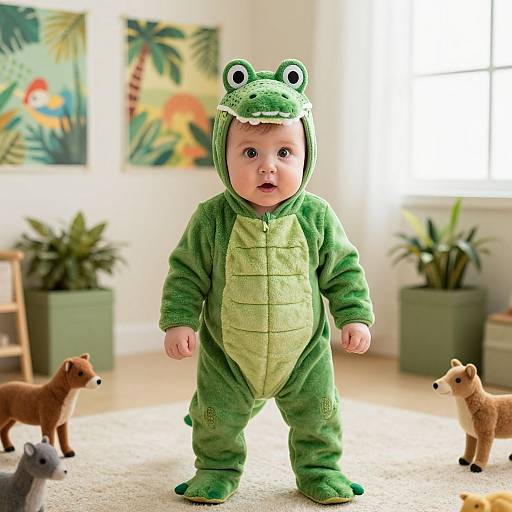 Photograph of a baby in a green frog-themed onesie with a hood and eyes, standing in a bright, plant-filled room with stuffed animals around
