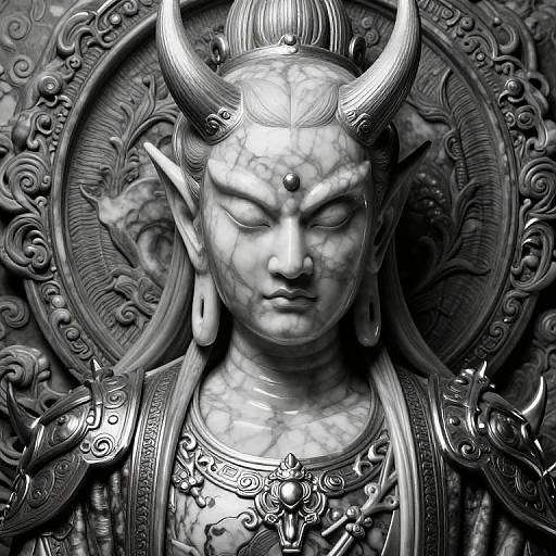 Monochromatic photograph of a detailed, textured stone statue of a fierce, horned deity with closed eyes, ornate armor, and intricate background patterns