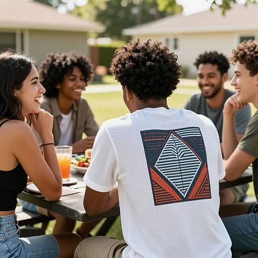 Photograph of five diverse, smiling friends seated at a wooden table outdoors, laughing and chatting. One wears a white shirt with geometric print, surrounded by
