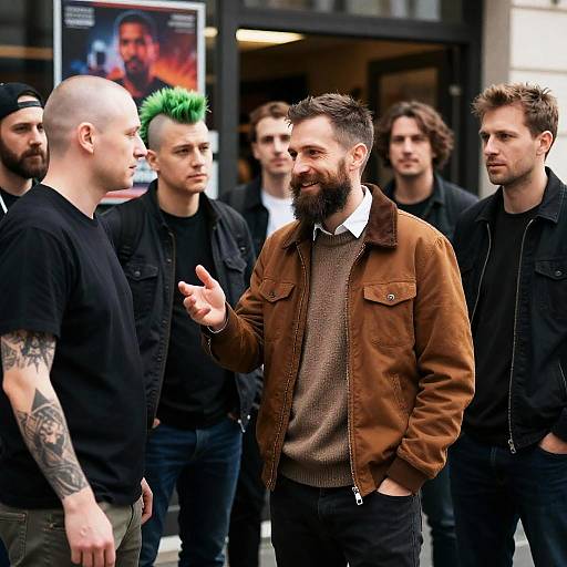 Diverse Group of Seven Men Outside Store