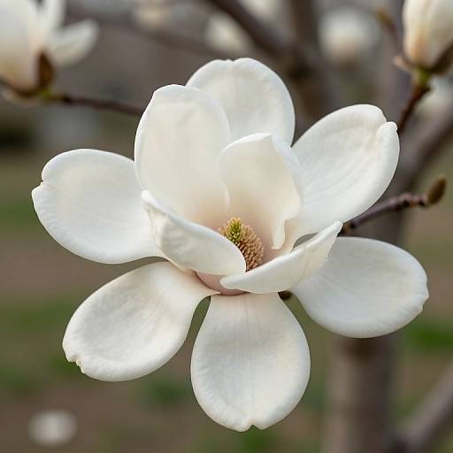 Close-up photograph of a pristine white magnolia flower with five delicate petals, centered on a brown branch, against a blurred green and brown background.