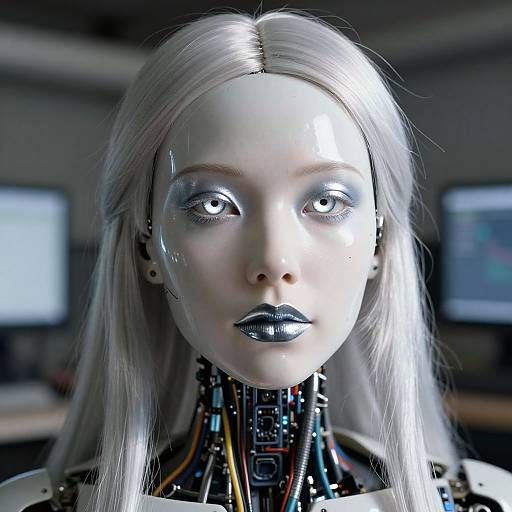 Photorealistic CGI of a cybernetic woman with silver hair, pale skin, metallic eyes, black lips, and exposed robotic neck, set in
