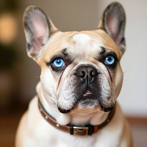Photograph of a tan French Bulldog with striking blue eyes, black snout, and upright ears, wearing a brown leather collar, against a blurred